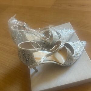Jessica Simpson white heels with rhinestones